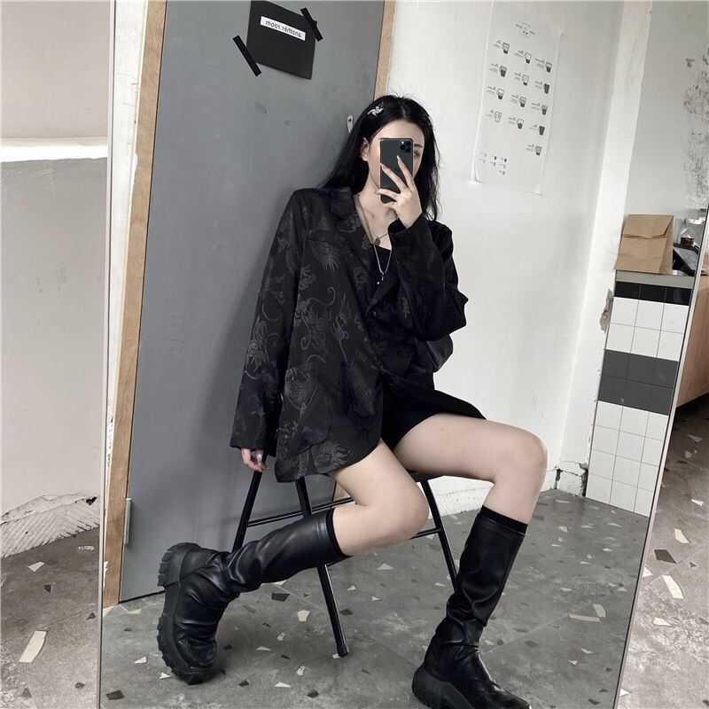 Gothic Vintage Women Jacket Long Sleeve Retro Silky Satin Blazer For Female Fashion Chinese Dragon Print White Outwears 210930