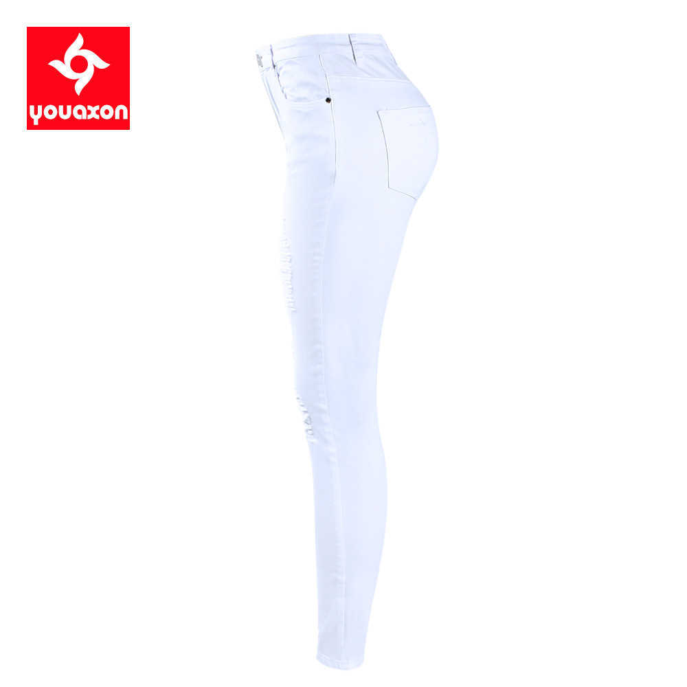 2067 Youaxon EU Size White Distressed Curvy Jeans Women`s Mid High Waist Stretch Denim Pants Ripped Skinny Jeans For Woman Jean 210616