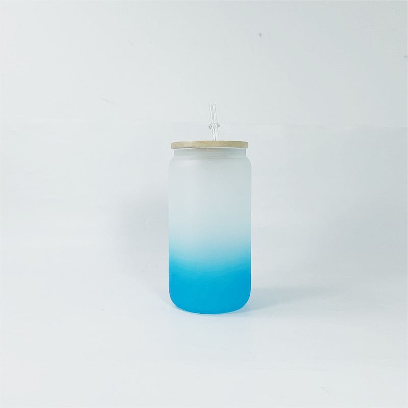 16oz Sublimation Gradient Glass tumbler blank Frosted Glasses Bottle Mason jar Cola can tumblers with bamboo lid 5 colors