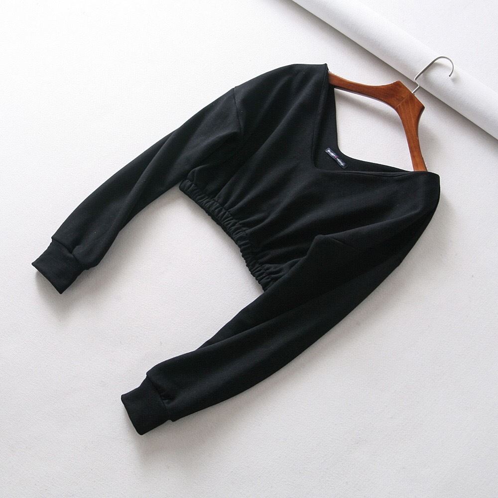 Autumn Winter Deep V-neck Solid Pullovers Cropped Tops Pure Color Sweatshirts Long Sleeve Loose Casual Streetwear 201203