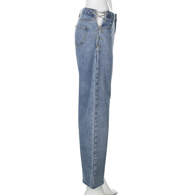 YICIYA Seasons Side Cross Chain Hollow Out Wide-leg Women Jeans High Waist Pants Sexy Elegant Ladies Europe Fashion Jean Women 210222