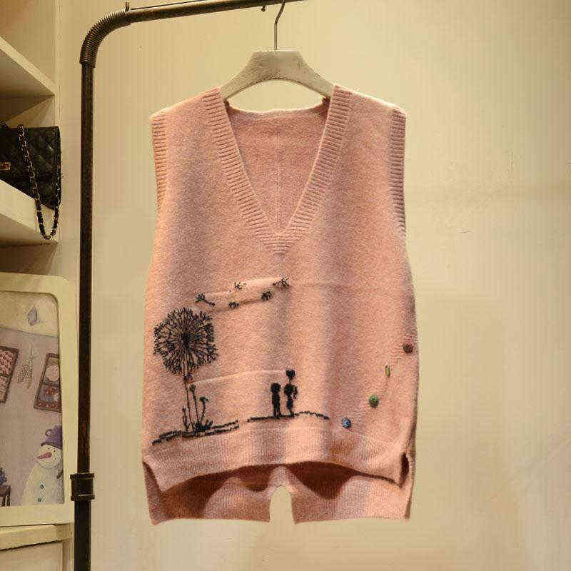 Embroidered V-neck Knitted Sweater Vest Femal Cartoon Pattern Frill Loose Sleeveless Bottoming Pullover Sweater Vest Women 220125