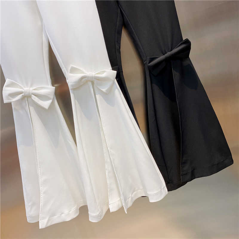 DEAT Women High Waist Elasticity Split Bow Flare Pants Arrivals Temperamnet Fashion All Match Spring Summer 11D989 210709