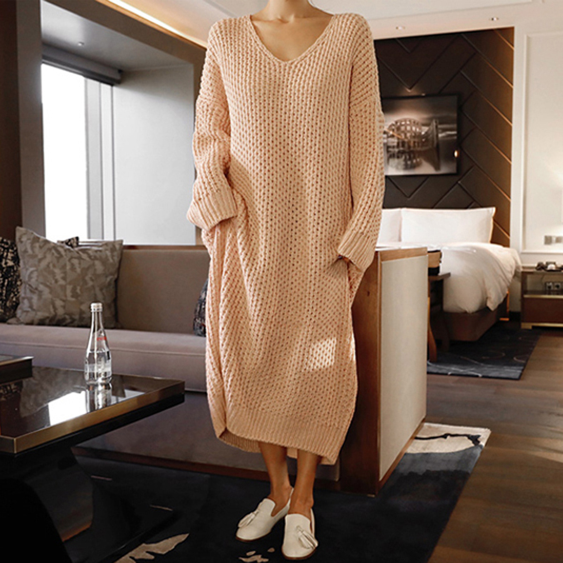 BGTEEVER Fashion Oversize Autumn Winter Long Sweater Dress Women Batwing Sleeve Female Vneck Loose Knitted Pullovers Dress Chic 201008