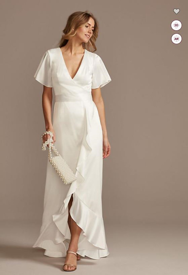 Flutter Sleeve Stretch Satin wedding Dress with Ruffle Hem Simple Design Bohemian Summer Beach Seaside Bridal Dresses Gown