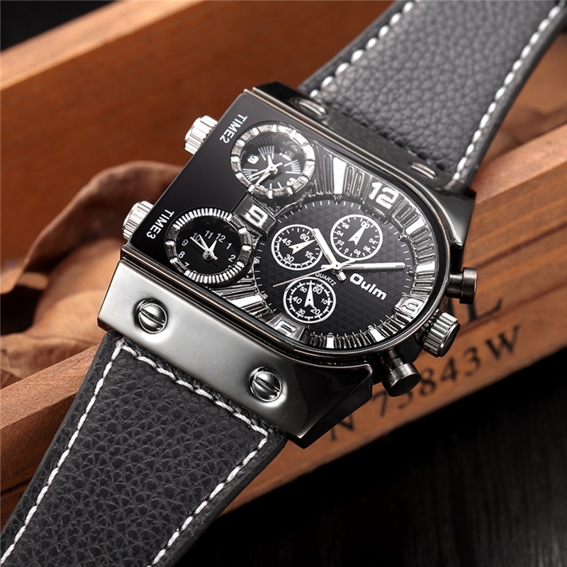 Oulm Men's Watches Mens Quartz Casual Leather Strap Wristwatch Sports Man Multi-Time Zone Military Male Watch Clock relogios 210310