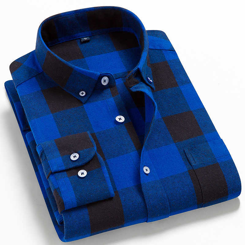Men's Fashion Long Sleeve Brushed Flannel Shirt Single Patch Pocket Comfortable Cotton Casual Slim Fit Plaid Checkered Shirts 210721