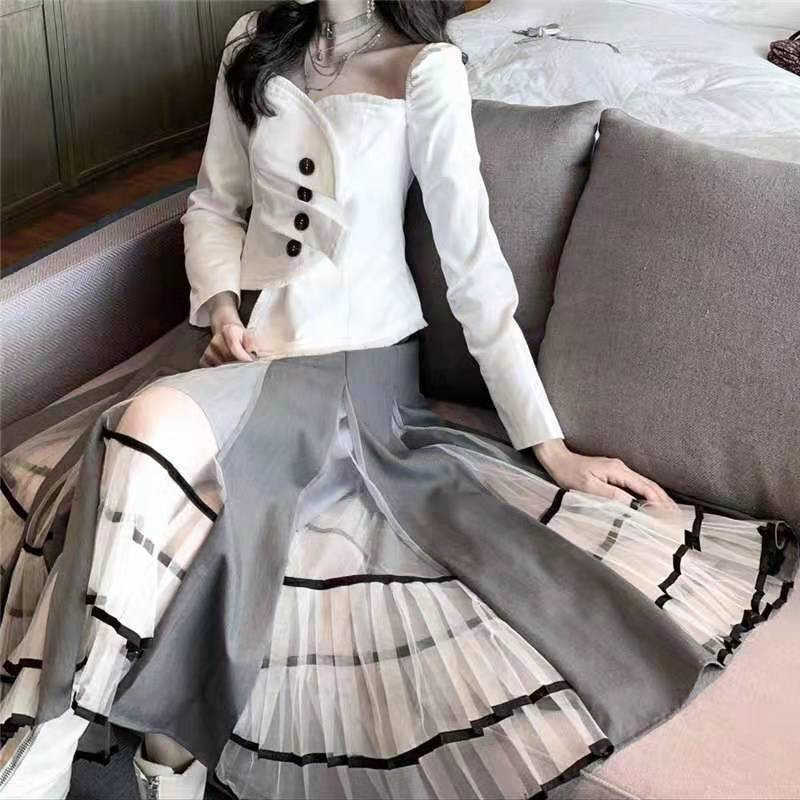 Vintage Elastic High Waisted Pleated Skirt Women Mesh Half Body A-line Long Bubble tulle Skirts Elegant Spring Summer 210619wtt