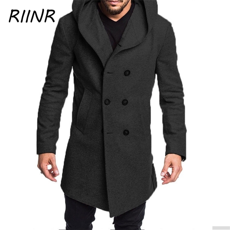 Riinr European and American Men Hooded Woolen Coat Men Double-breasted Long-sleeved Pocket Mid-length Trench Woolden Coat 211122