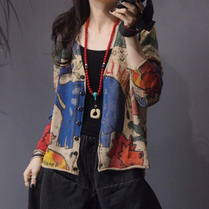 Spring New Arts Style Women Vintage Print Knitted Cardigans All-matched Casual Single Breasted Cardigan Ladies Tops S674 210218