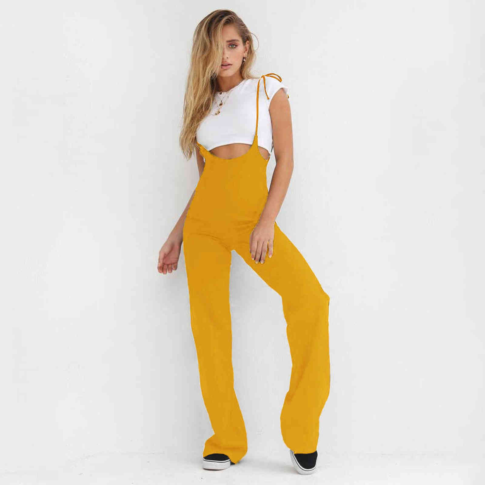 Casual Strappy High Waisted Pants Straight Sling Long Trousers Preppy Style Women Streetwear Black Yellow Blue Red Femme 211115