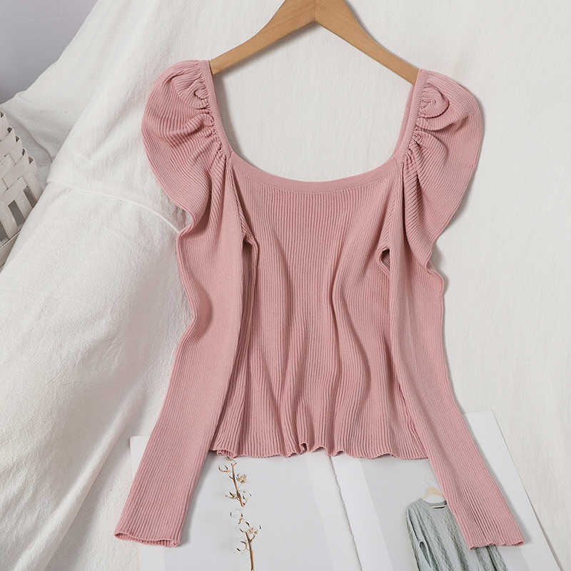 Korobov Preppy Style Sweet Women Puff Sleeve Sweaters Pullovers Chic Sueter Mujer Korean Elegant Square Collar Jumper 210914