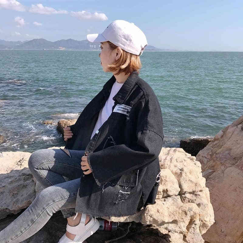 NiceMix Spring Denim Coat Women Long Sleeve Plus Size Printed Jean Jacket Hole Boyfriend Style Streetwear Jackets Overcoat T200113