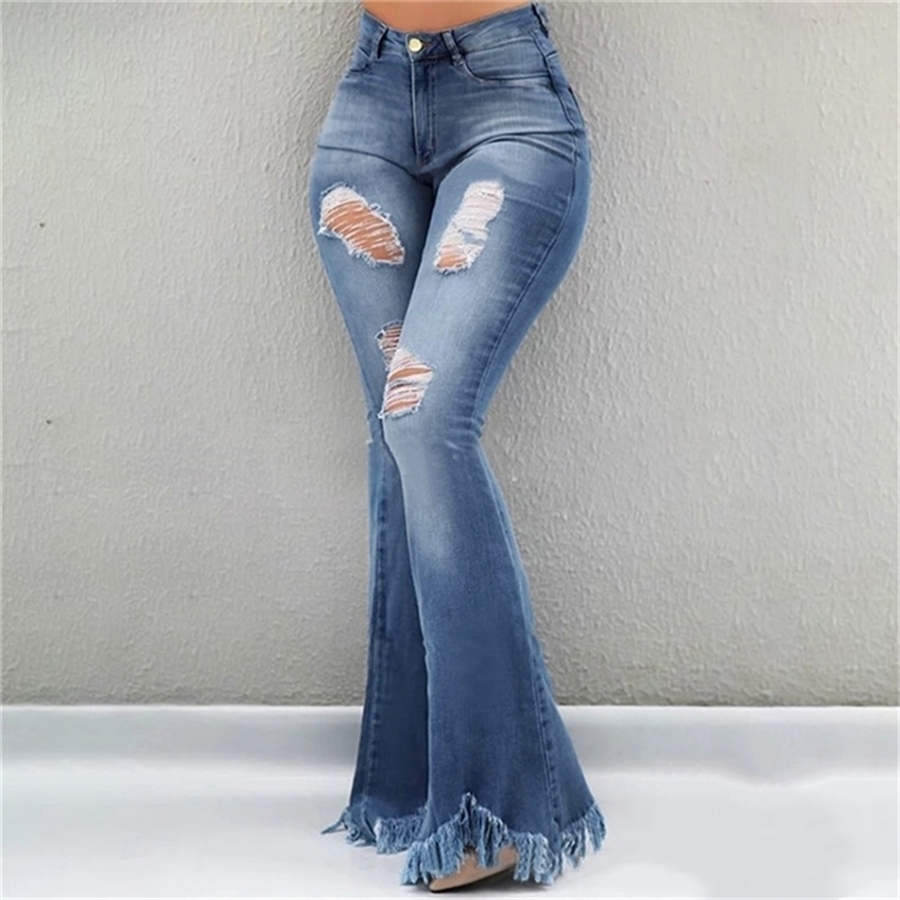 Women Flare Jeans High Waist Fringe Denim Skinny Pants Woman Stretch Jeans Female Wide Leg Jeans Bell Bottoms Clothes 201109