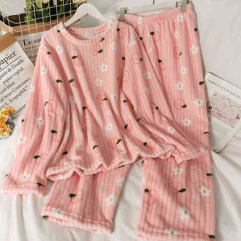 Harajpee Women's Pajama Autumn Winter Suit O-Neck Loose Thin Long Sleeve Pajamas Peach Printed Elastic Waist Straight Pants 211118