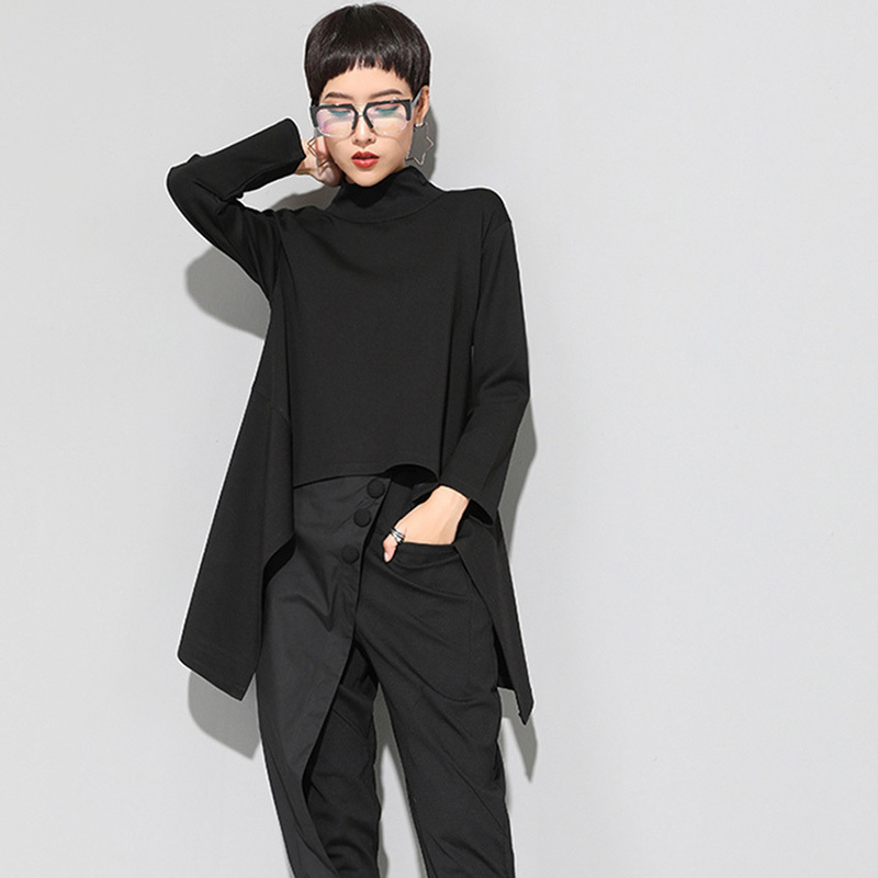 [EAM] 2021New Spring Autumn High Collar Long Sleeve Black Irregular Hem Loose T-shirt Women Fashion Tide All-match JK397 210302