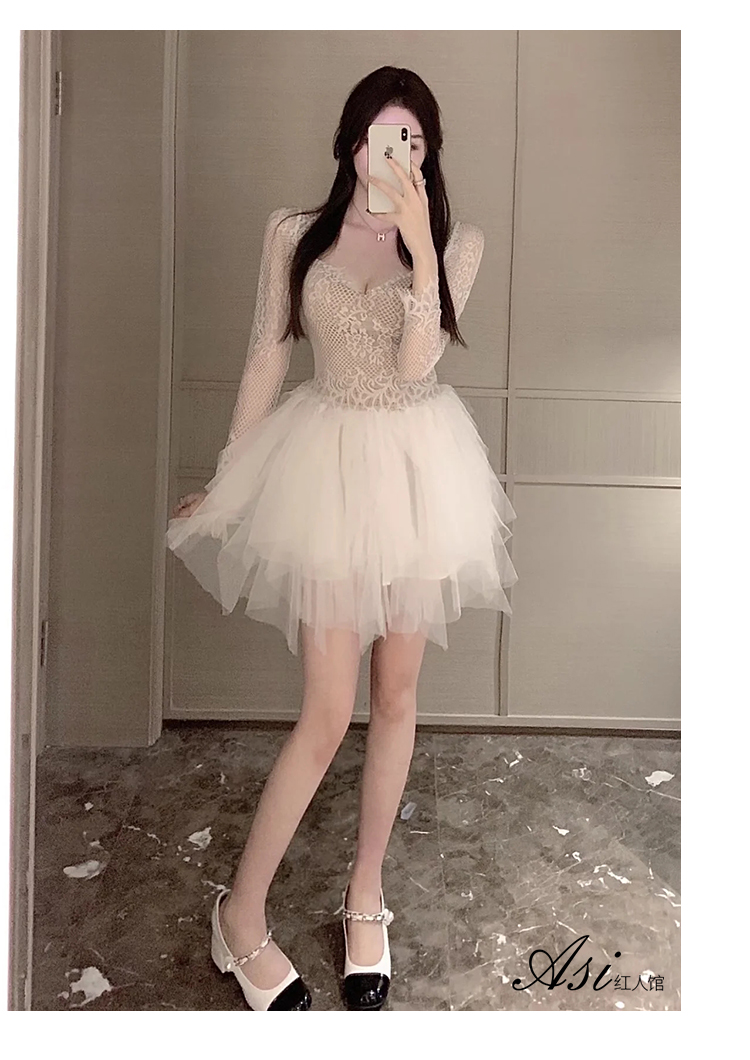 New design womens sexy eyelash lace v-neck padded long sleeve shirt and elastic waist layered ball gown gauze skirt dress suit twinset