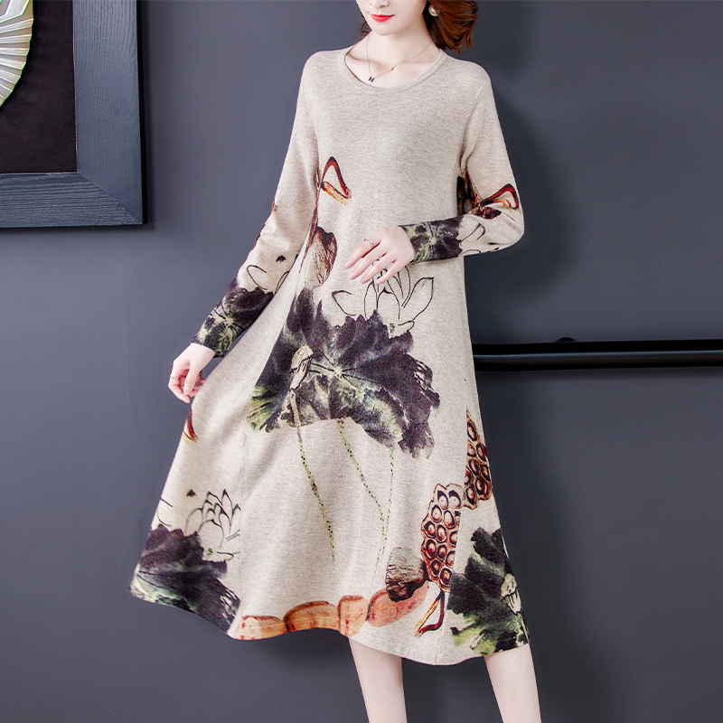 Autumn Winter Casual Vintage Warm Floral Knited Sweater Dress Print 3XL Plus Size Women Elegant Bodycon Long Wool Sweaters 210218
