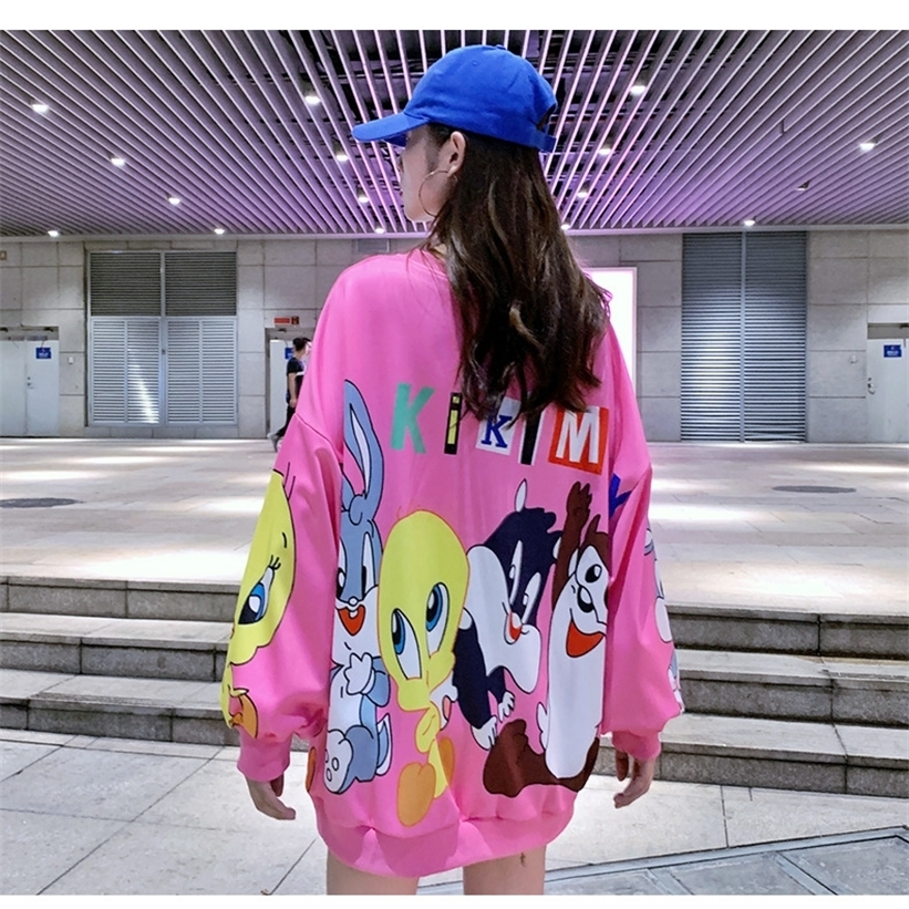 Girls Student Lovely Cartoon Printed Sweatshirts Harajuku Plus Size Loose Hoodies Women Plus Size Loose Long Style Pullovers 201211
