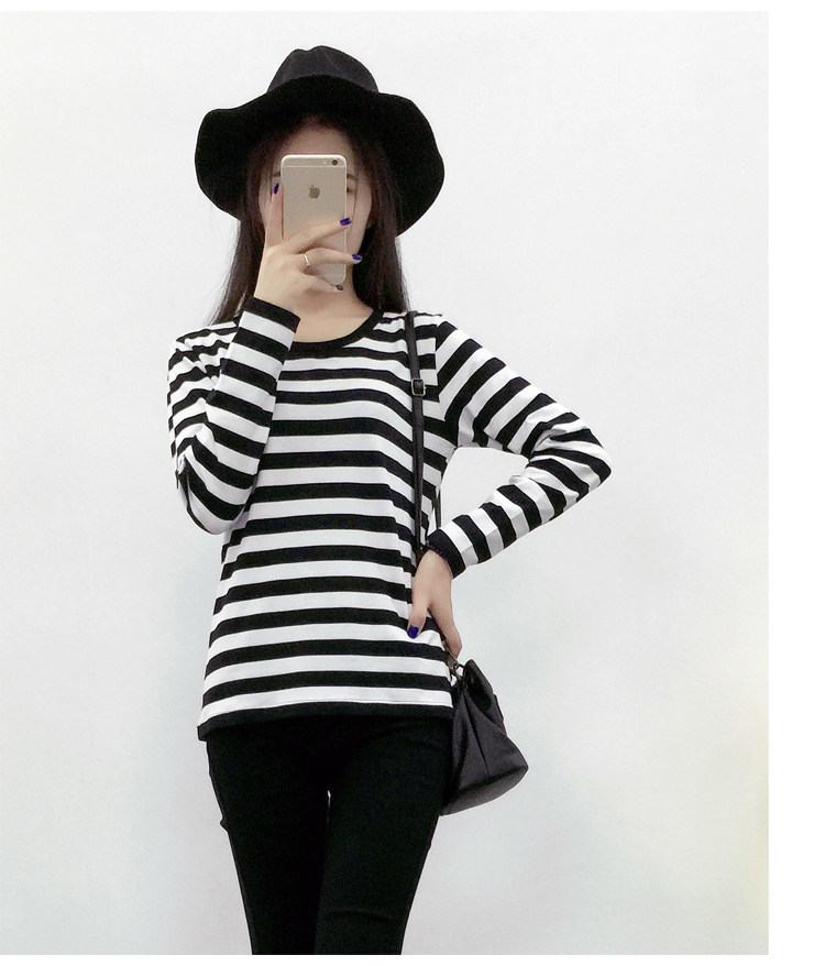 new long sleeves and black and white stripes render unlined upper garment in autumn and winter cotton T-shirt 210310