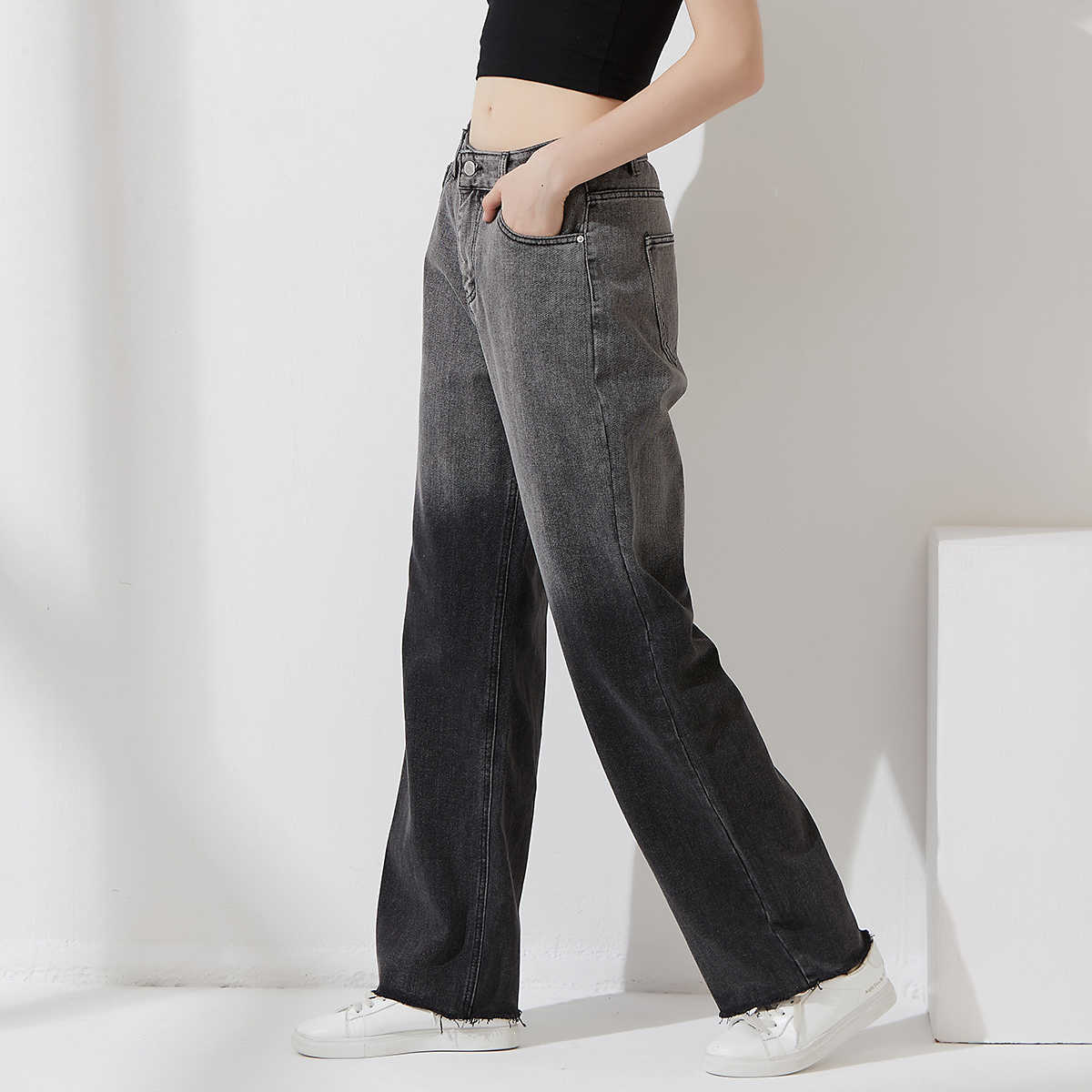 Wixra Women Denim Pants Casual Bottoms Stylish Patchwork Jeans High Street Long Straight Trousers Summer 210922