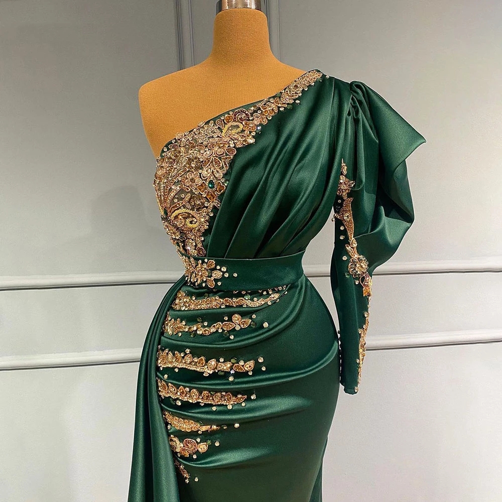 Green Mermaid Dark Overskirts Prom Dresses Long Sleeve One Shoulder Beaded Evening Gowns Party Dress With Train