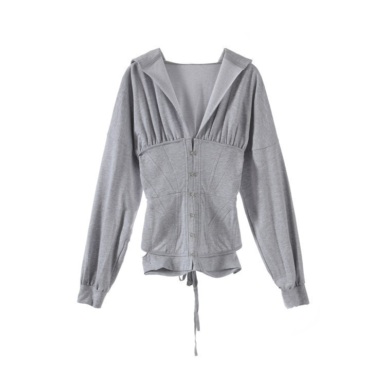 TVVOVVIN Fashion Early Autumn Mature Style Thin Hat Long Sleeve Bandage Waist Gray Slim Fit Sweatshirt Woman L027 201102