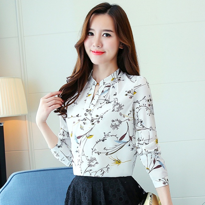 Women Spring Autumn Chiffon Blouses Tops Chiffon Blouses Shirts Ladies Floral Print Blouse Femme Long Sleeve Plus Size Blusas 90 210225