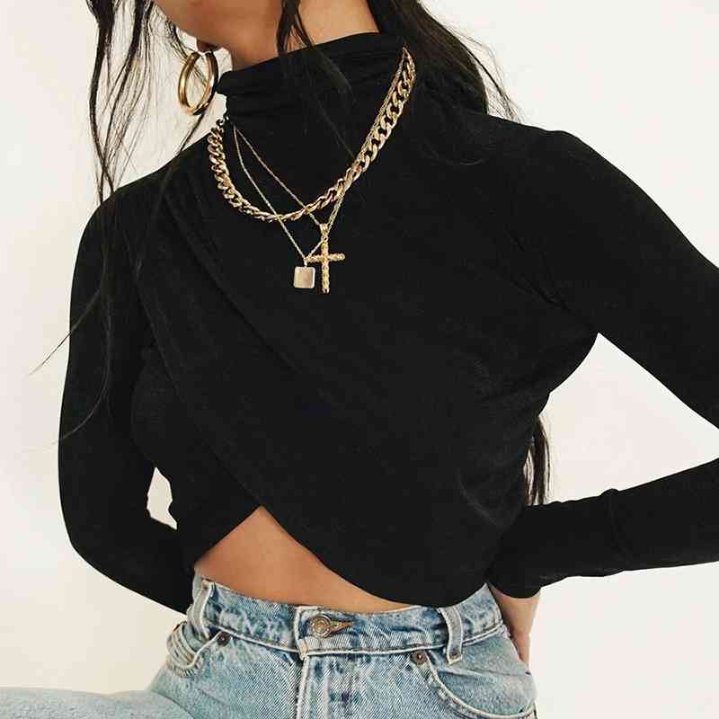 European and American style women's wear in spring and autumn round neck long sleeve fashion open navel slim T-shirt 210602
