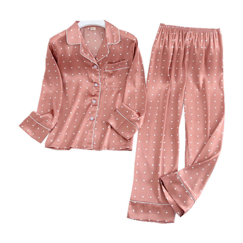 Ice Silk Satin Lapel Women Pajama Set Printing Fashion Pajamas Long Sleeve Pyjamas Set 211007