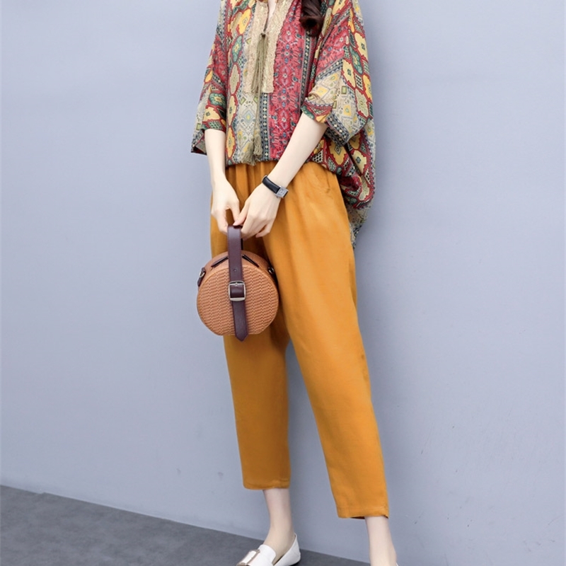 Summer Vintage Casual Two Piece Sets Women Printed Tops + Ankle-length Pants Outfits Fashion Female Plus Size 2 Pcs Suits