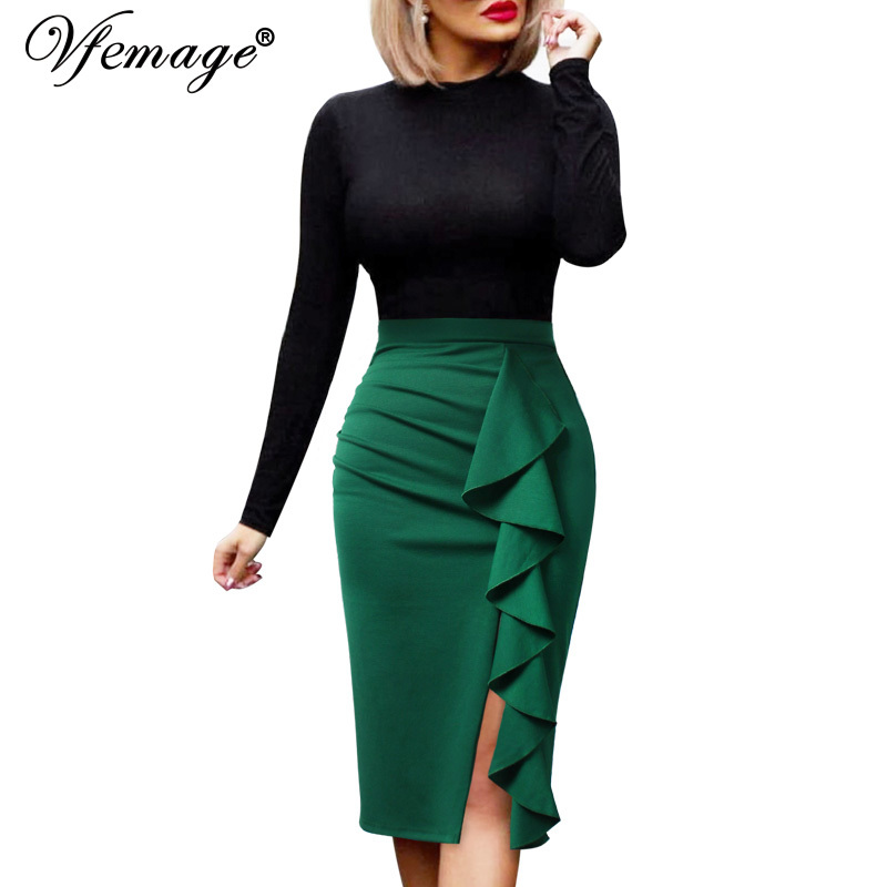 Vfemage Women Elegant Ruched Ruffles High Waist Lace Solid Zipper Slit Slim Work Office Business Party Bodycon Pencil Skirt 1007 210306