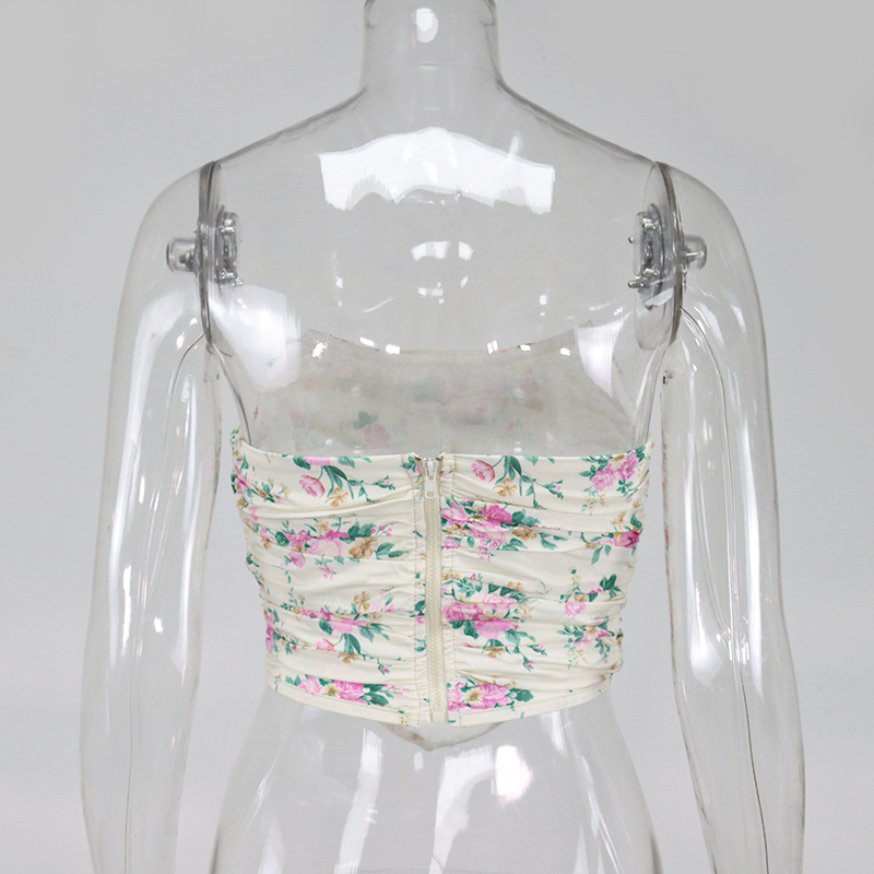 NewAsia Boned Floral Crop Top Women Ruched Off Shoulder Sexy Corset Vintage Sweet Print Tops Summer Backless Bustier New 210308