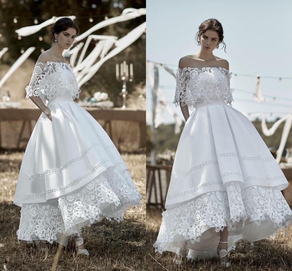 Vintage 1920s' High Low Wedding Dresses Crochet Lace Stain Off Shoulder Puffy Skirt Beach Civil Bridal Dress Vestido De Novia