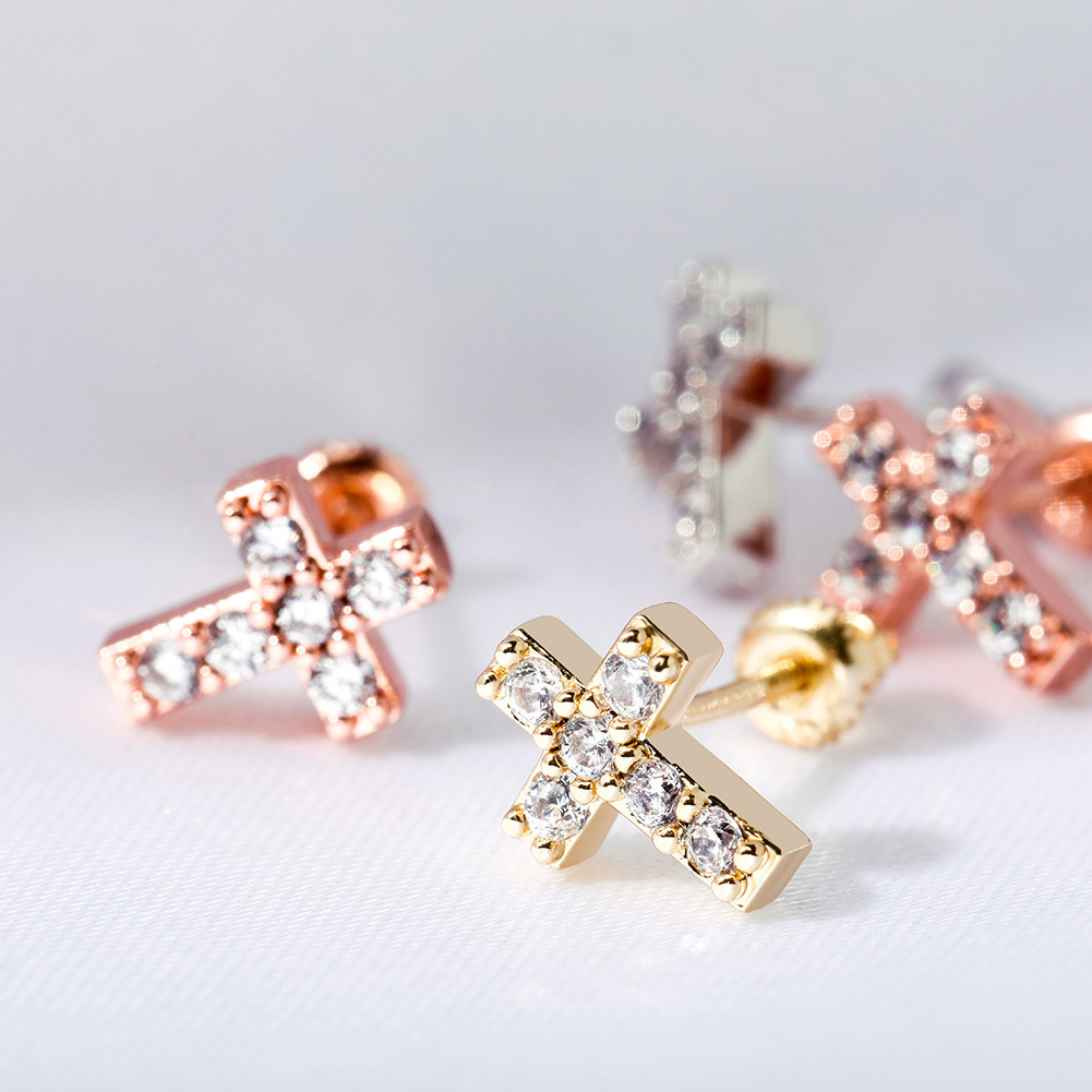 Hip Hop Charm Cross Stud Earring Bling 18K Real Gold Plated 925 Sterling Silver Prevent Allergy Earrings for Women Gift