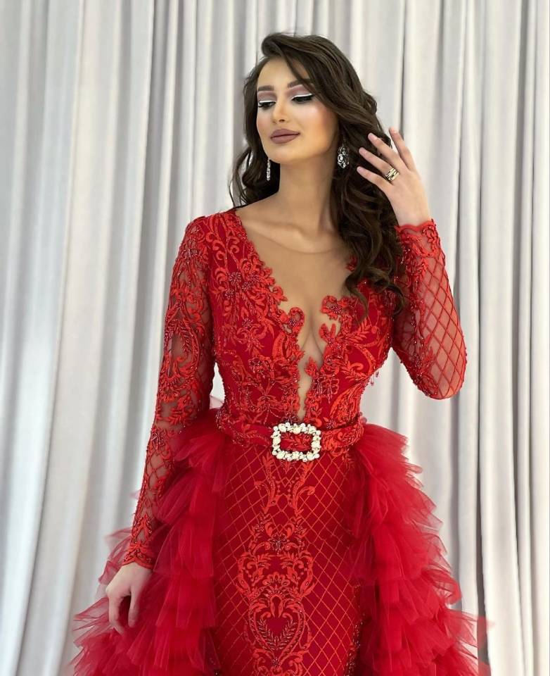 red mermaid dubai evening dresses with removable train long sleeve appliques prom dress formal party gowns robe de marie