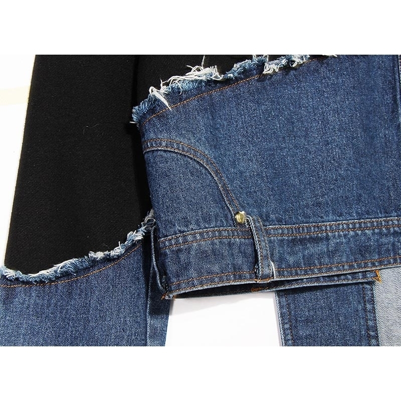 TWOTWINSTYLE Pacthwork Denim Asymmtrical Sweatshirt For Female O Neck Long Sleeve Loose Hit Color Hoodies Women Fashion New 201112