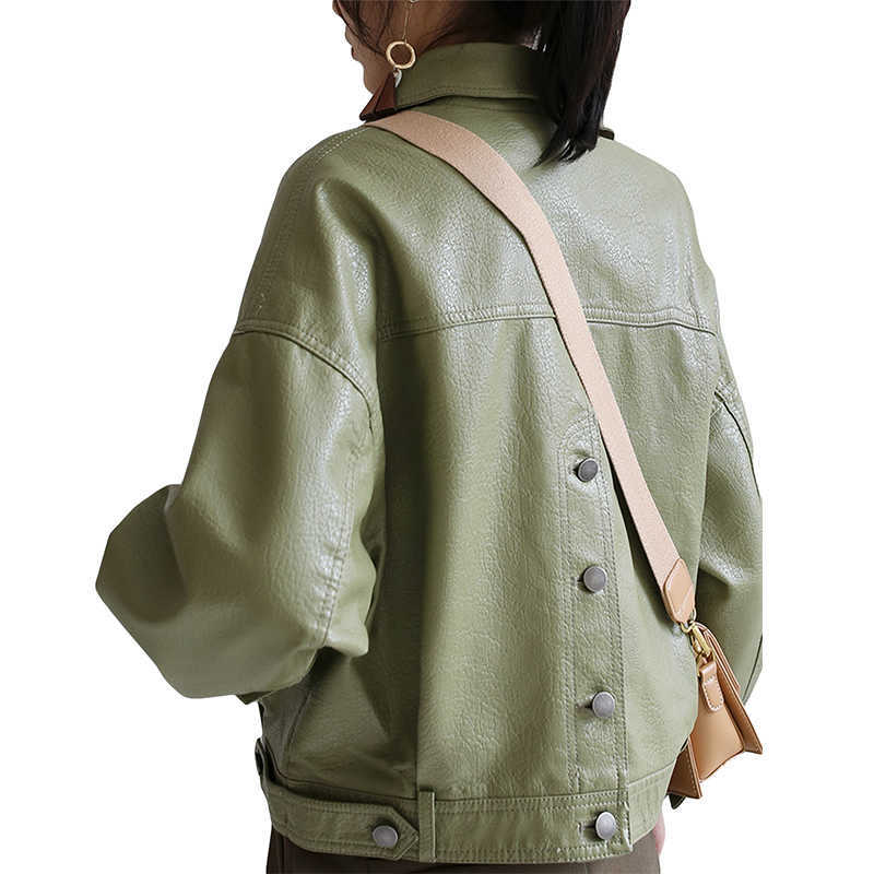 FTLZZ Spring Autumn Green Faux Leather Jackets Casual Women Short Vintage Loose Pu Jackets Female Black Red Leather Coats 210908