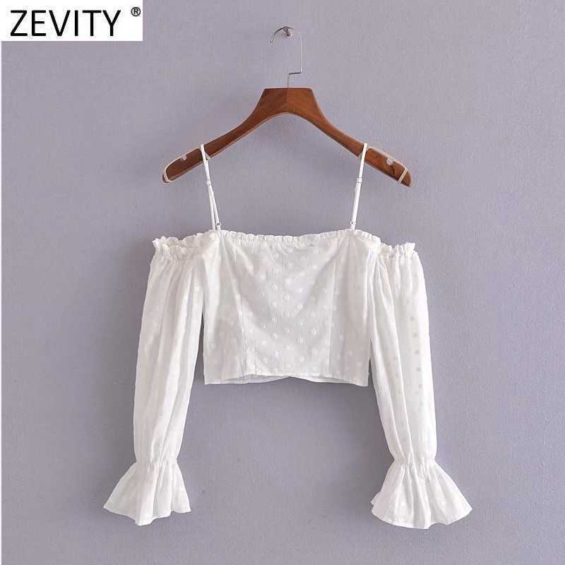 Zevity Women Sexy Off Shoulder Floral Embroidery Sling Smock Blouse Female Pleat Ruffles Shirt Chic Crop Blusas Tops LS9366 210603