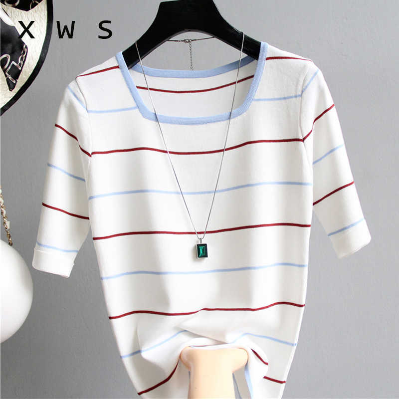 summer Knitted Women Sweater short Sleeves Loose casual Jumper Top square collar Female Sweater striped thin sweater oversize 210604, Blue
summer Knitted Women Sweater short Sleeves Loose casual Jumper Top square collar Female Sweater striped thin sweater oversize 210604, Blue