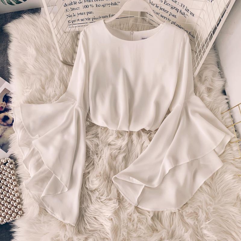Neploe Big Flare Sleeves O-Neck Women Blouse Summer Fashion Solid Sweet Shirt Modis Spring New Arrival Elegant Blusa 69929 210225