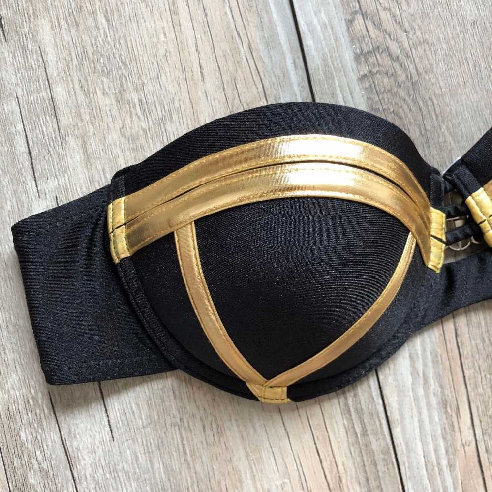 Black Bandage Swimsuit Sexy Brazilian Bikini Push Up Swimwear Women Micro Bikinis Plus Size Beachwear Shiny Gold 210625