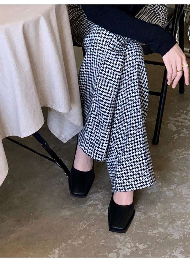 Autumn winter New womens high waist color block houndstooth grid pattern woolen loose wide leg long pants SMLXL