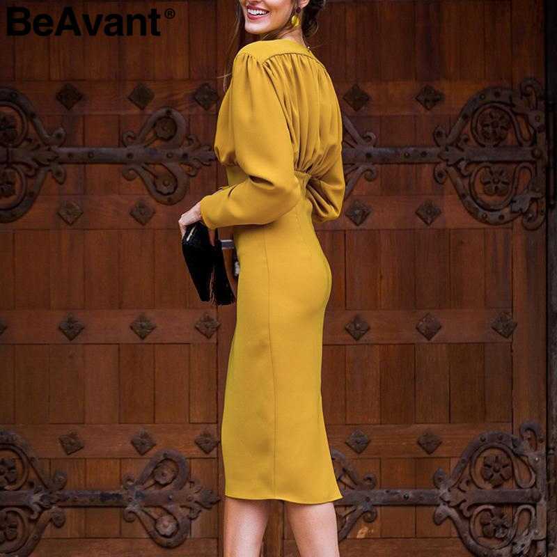 BeAvant Elegant bodycon autumn office dress women V neck batwing sleeve female mermaid dresses High waist slim ladies vestidos 210709