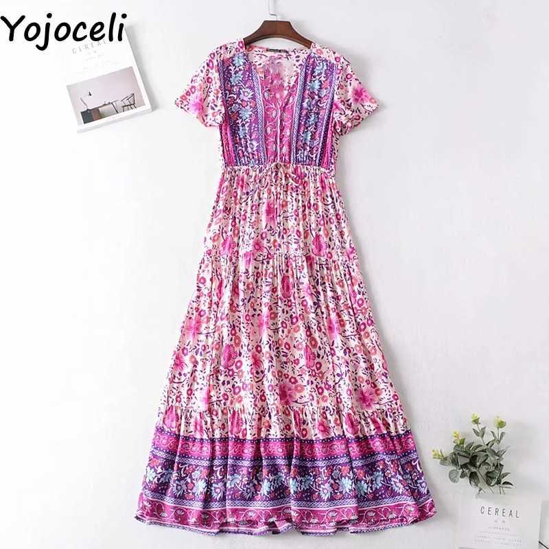 Yojoceli Elegant boho print ruffle wrap dres Summer sexy v neck beach long Casual cool bohemian maxi vestidos 210609