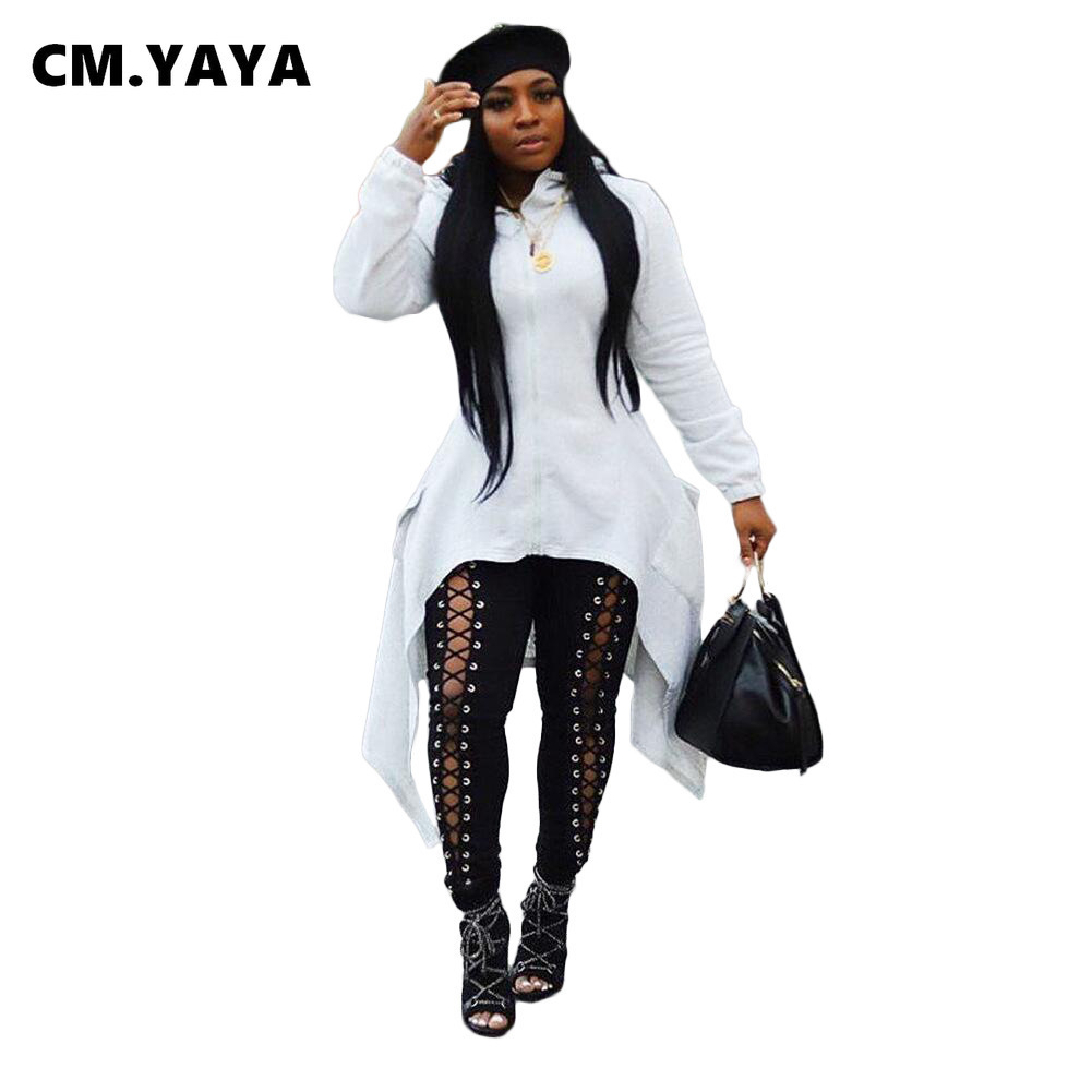 CM.YAYA Women Active Wear Hooded Zipper Long Sleeve Irregular Hem Sweatshirts Autumn Pullovers Hoodies 201217