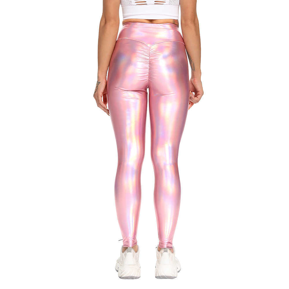 Laser Leather Women High Waist Sport Push Up Skinny Pink Pencil Ruched Butt Leggings Casual Streetwear Faux Legging 210604
