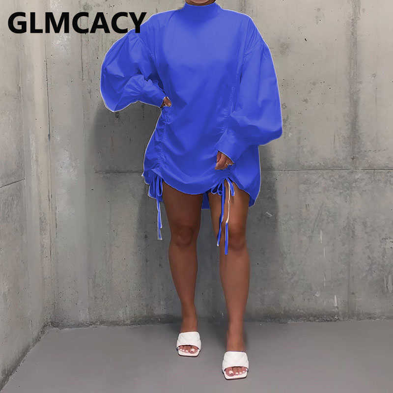 Women O-neck Puff Sleeve Drapped Mini Dress Loose Style Plus Size Dress 210702