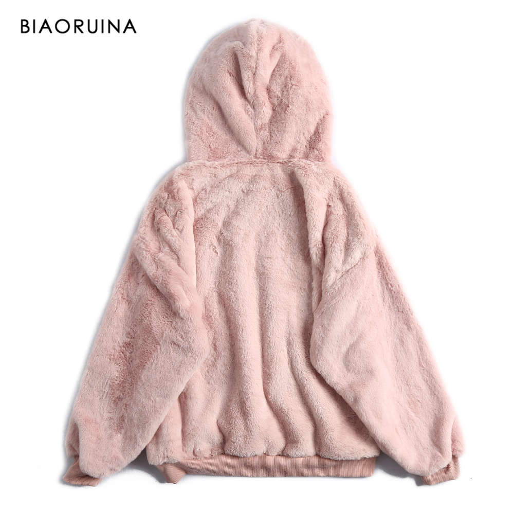 BIAORUINA Women's Nebraska Letter Embroidery Warm Thick Pink Fluffy Hoodies Female Sweet Casual Oversized Hooded Sweatshirt 201217