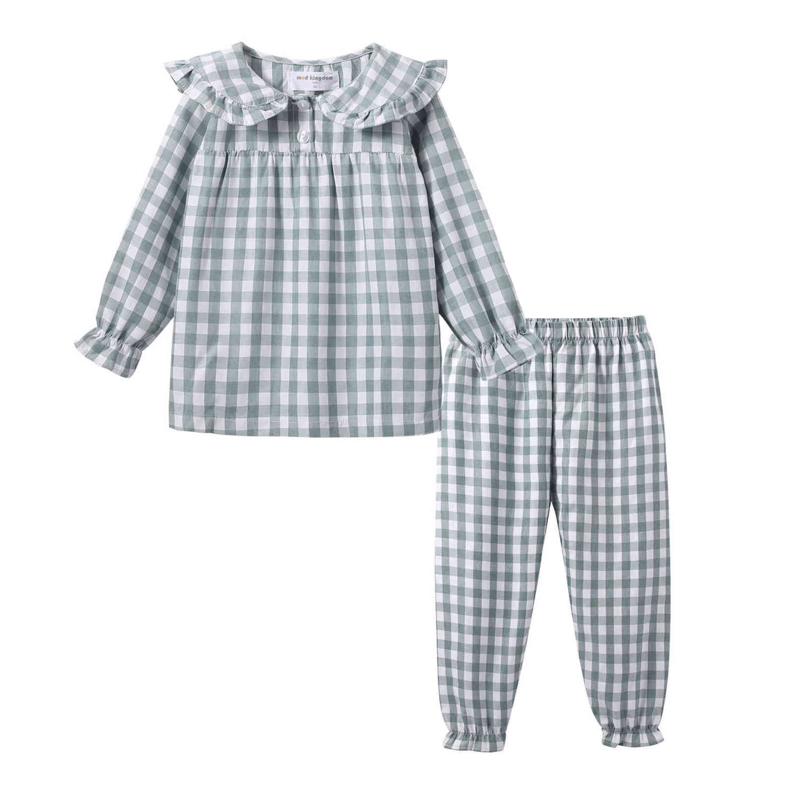 Mudkingdom Girls Pajama Set Peter Pan Collar Cute Plaid Girl Pajamas Suit Homewear Toddler Jammies Sleepwear 211130